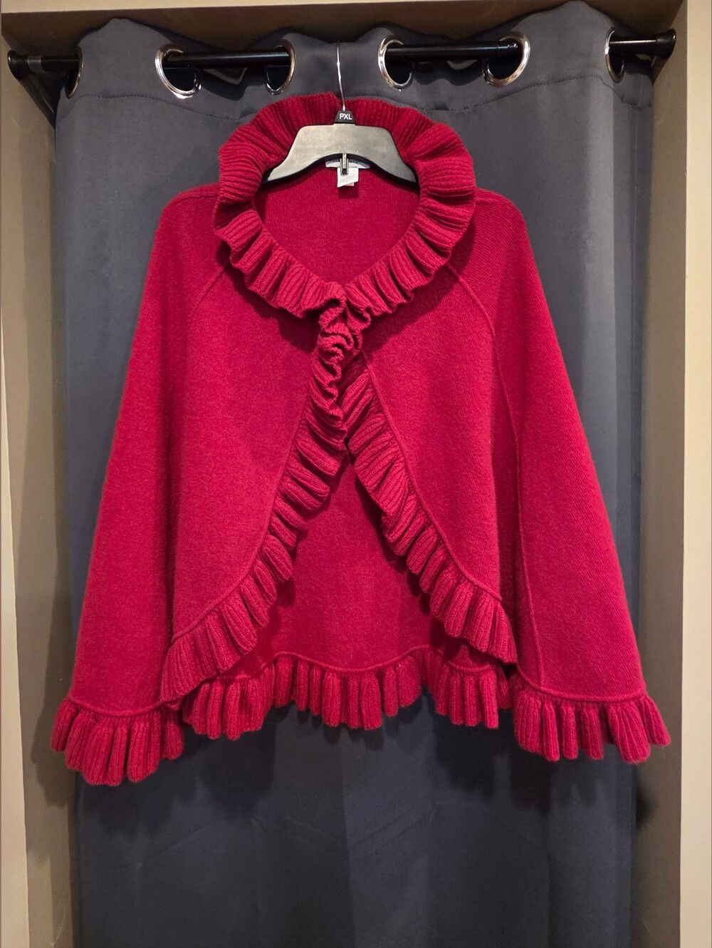 Sutton Studio Women’s Ruffled Open-Front Sweater Red Wool Cape Size P